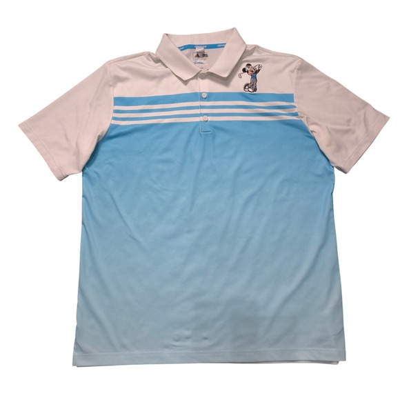 adidas Other - Adidas Golf Mickey Mouse Climacool Polo Shirt Mens L Blue White Stripe B82988